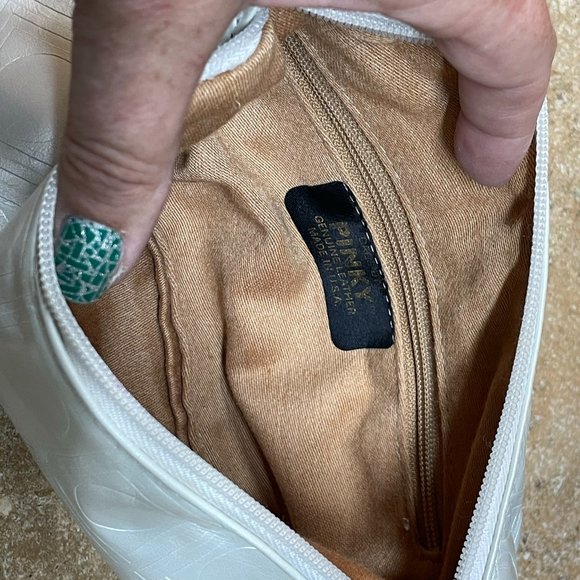 VINTAGE PINKY LEATHER Pearl White Leather Embossed Logo Chic Top Handle Eve Bag - Picture 8 of 12